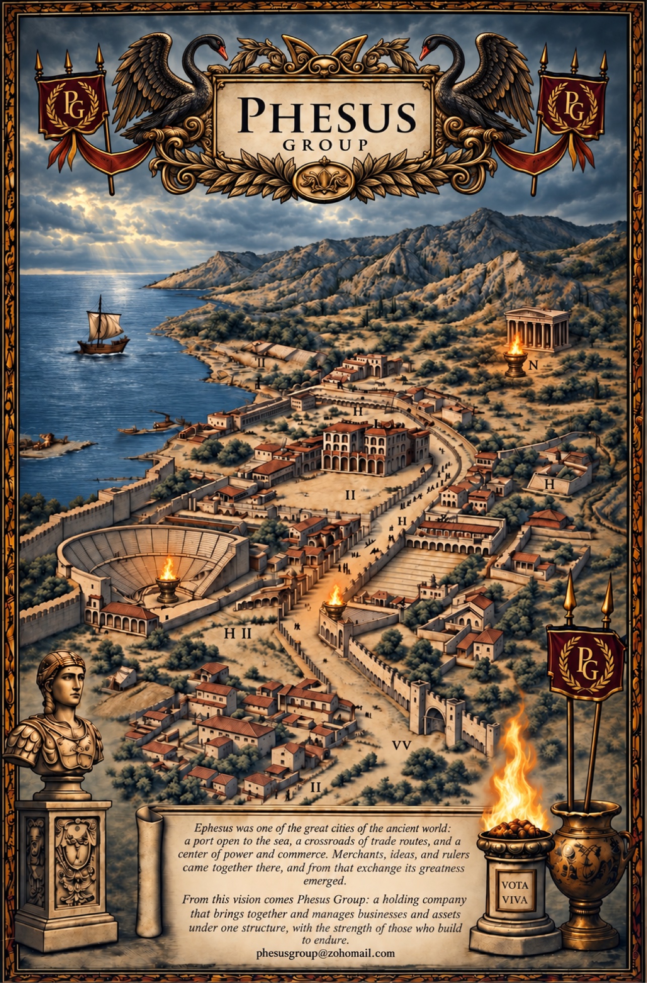 Phesus Group. Ephesus was one of the great cities of the ancient world: a port open to the sea, a crossroads of trade routes, and a center of power and commerce. From this vision comes Phesus Group: a holding company that brings together and manages businesses and assets under one structure, with the strength of those who build to endure.